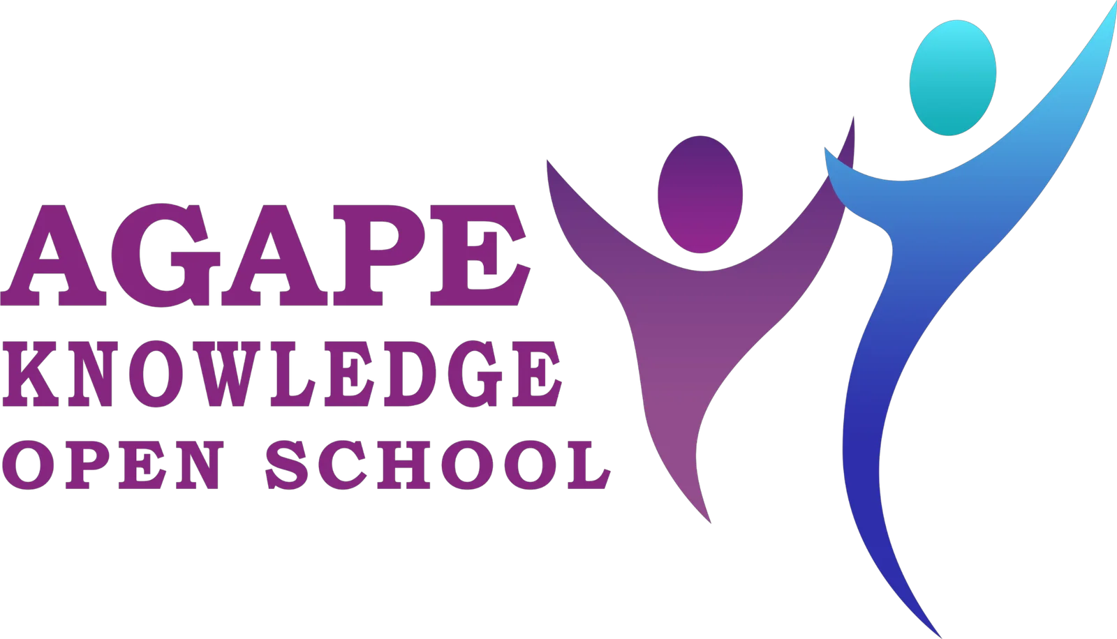 Logo with two abstract human figures and the text "Agape Knowledge Open School" in purple.