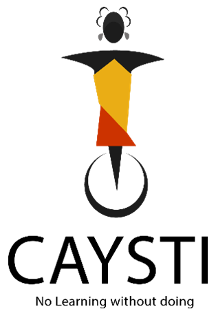 Abstract figure with geometric shapes in black, yellow, and orange, resembling a stylized person.