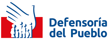 Logo showing a large blue hand over people silhouettes on a red background, with the text "Defensoría del Pueblo.