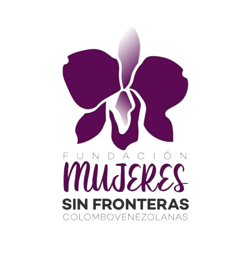 Logo of "Fundación Mujeres Sin Fronteras Colombovenezolanas" with a purple orchid design.