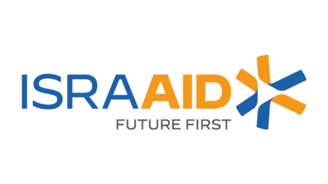 IsraAid logo with blue and orange text "ISRAAID Future First" and a star-like design.