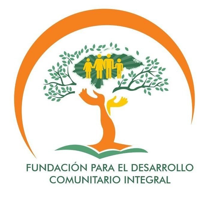 A tree with people icons, surrounded by an orange arc. Text reads "Fundación para el Desarrollo Comunitario Integral.