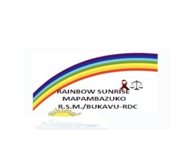 Logo with a rainbow arc, "Rainbow Sunrise Mapambazuko R.S.M./Bukavu-RDC" text, scales, and a ribbon below.