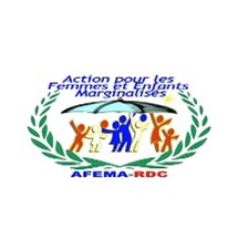 Logo with people holding hands under a roof, encircled by laurel branches. Text reads "AFEMA-RDC" in blue and red.