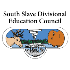 Logo of South Slave Divisional Education Council with a reindeer, bison, trees, and an open book.