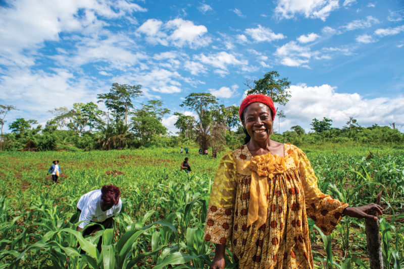 Woman farmer standing in field on beautiful, clear day, Cameroon, 2018.