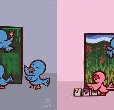 Cartoon birds painting a mural