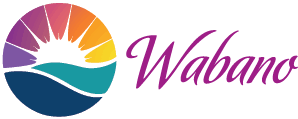 Colorful sun and wave logo next to the word "Wabano" in purple script.