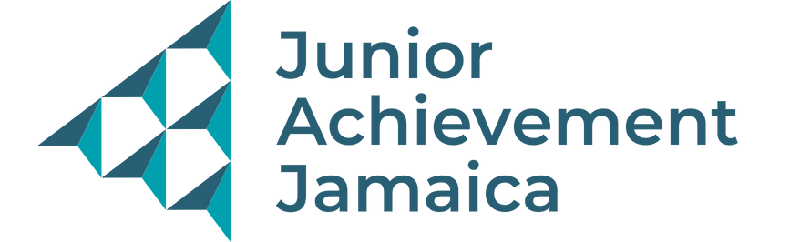 Geometric logo with text "Junior Achievement Jamaica" in turquoise and black.