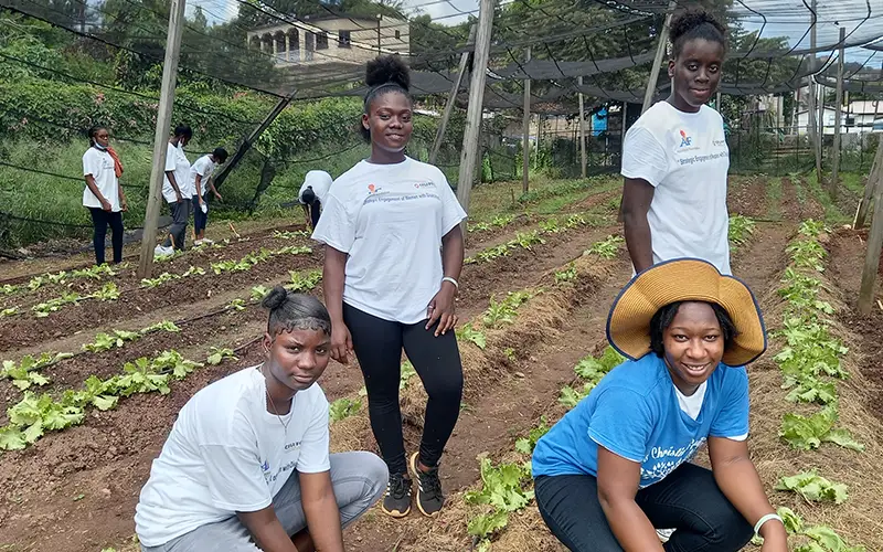 Group of people in the Caribbean garden, tending to plants with Cuso International, wearing casual clothes and smiling.