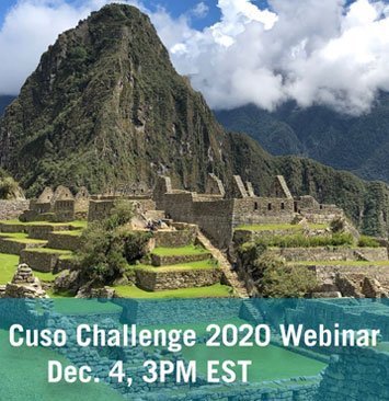 Machu Picchu with text over reading Cuso Challenge 2020 Webinar