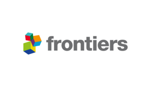 Colorful, connected cubes on the left with the word "frontiers" in gray on a white background.