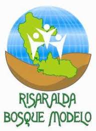 Logo with a globe, green map, three figures, and text "Risaralda Bosque Modelo" at the bottom.