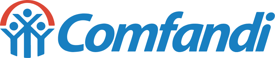 Comfandi logo with blue text and stylized human figures under a red arch.