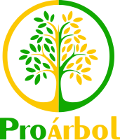 A circular logo split green and yellow with a tree inside. Below, text reads "ProÁrbol.