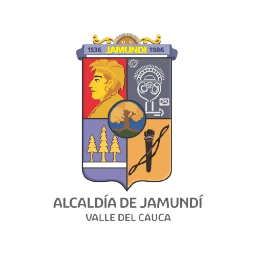 Coat of arms with a face, symbols, trees, and "Alcaldía de Jamundí, Valle del Cauca" text below.