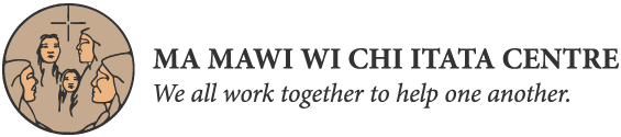 Logo of Ma Mawi Wi Chi Itata Centre with stylized faces and the motto: "We all work together to help one another.