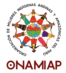 Eight women in traditional dresses around a globe. Text: "Organización de Mujeres Indígenas Andinas y Amazónicas del Perú, ONAMIAP.