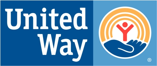 United Way logo with a stylized person in red, raised arms, on blue hand, rainbow arcs, blue background.